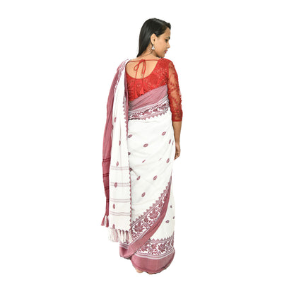 Padhiya Sidhi Tribal Saree Polly Cotton White and Maroon Leaf Work