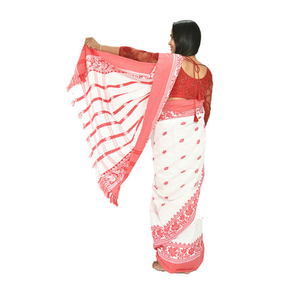 Padhiya Sidhi Tribal Saree Polly cotton White and Red Leaf Work