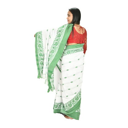 Padhiya Sidhi Tribal Saree Polly Cotton White and Green Leaf Work