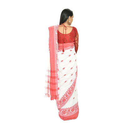 Padhiya Sidhi Tribal Saree Polly cotton White and Red Leaf Work