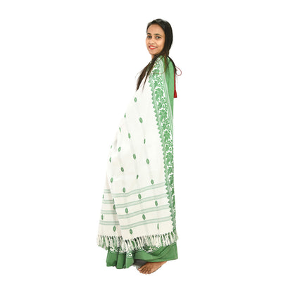 Padhiya Sidhi Tribal Saree Polly Cotton White and Green Leaf Work