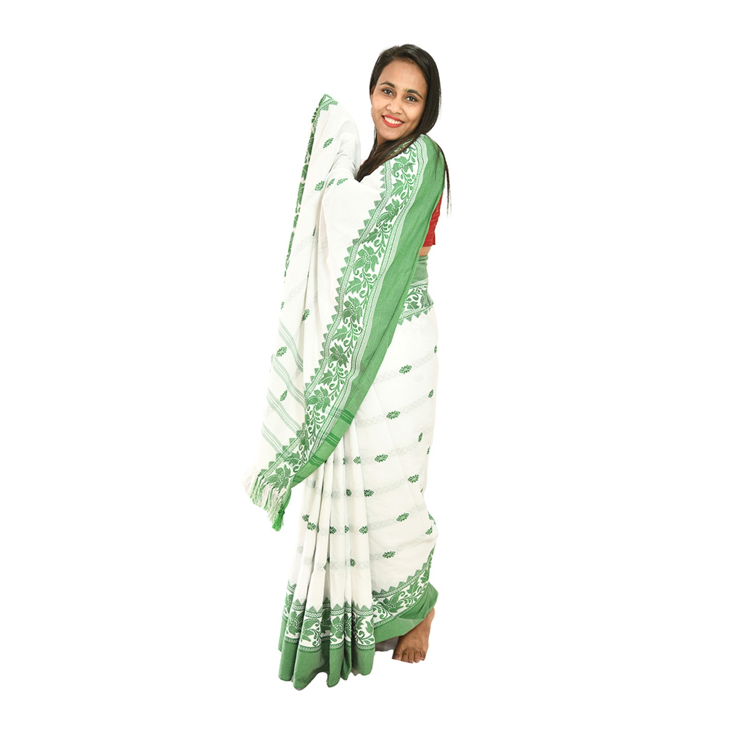 Padhiya Sidhi Tribal Saree Polly Cotton White and Green Leaf Work