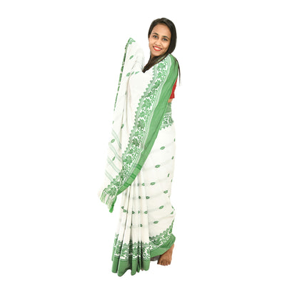 Padhiya Sidhi Tribal Saree Polly Cotton White and Green Leaf Work