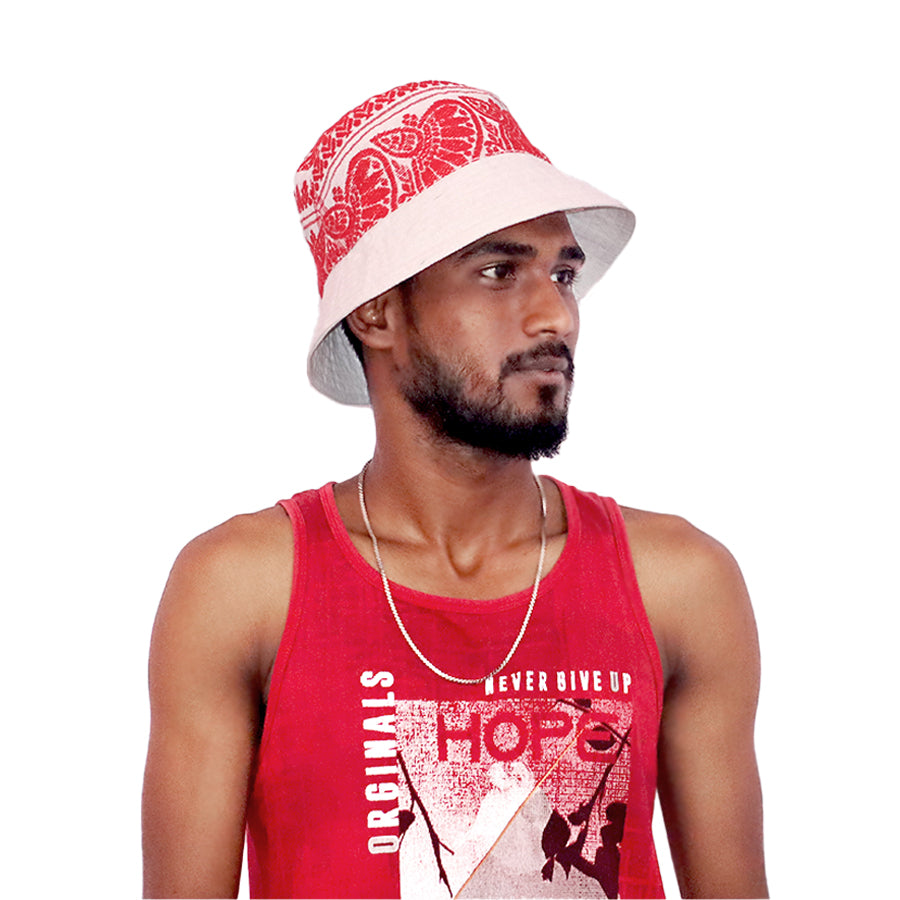 Johar Tribal Bucket Pattern Cap White & Red