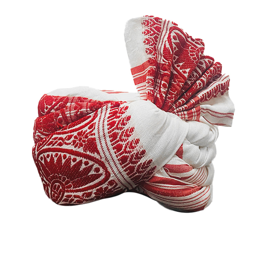 Johar Tribal Pagri Cotton White and Red Flower Work